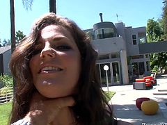 Gorgeous brown-haired babe in jeans shorts gets choked by Rocco Siffredi. After that she drops to her knees and gives a blowjob by the pool.