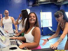 Lustful brunette wags her big ass and dances on fitness instructor laps