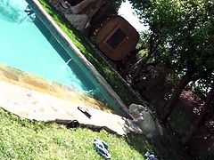 Two seductive babes go wild right here and right now. One rides stiff cock and another one blows dick intensively. Enjoy watching outdoor group sex video.