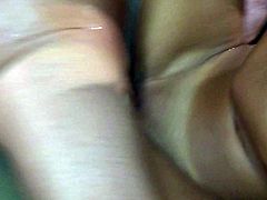 Solid built white dude enters tight Asian pussy from behind. He pokes her pussy hole intensively pushing the rod deep in her vag.