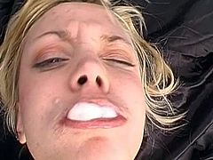 Babe with opened mouth swallows many sperm