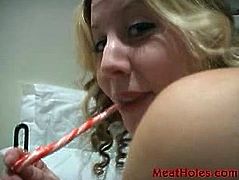Seductive and joyful blondie thrusts sweet candy in her pussy in doggy style position. Don't skip this provocative blonde playing with her pussy for a pov cam.