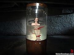 After cleaning her filthy pussy with a water jet and making her feel good, the executor inserts this whore in a cylindrical water tank. The water level raises and so does her anxiety! Let's keep this bitch some company and find out, if she can breath underwater!
