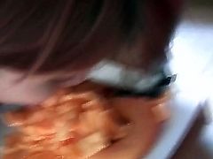 This teen's master forces her to eat off a plate like a dog. She is down on all fours, burring her face in the food from the plate that her master prepared for her.