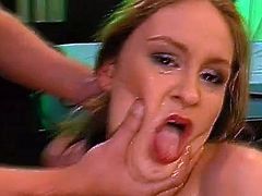 After having her holes nailed right, slutty blonde gets covered in jizz