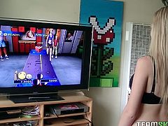 Watch this horny blond babe all naked playing her boyfriend's play station in his bedroom all ready for that penetration in her pussy in Team Skeet sex clips.
