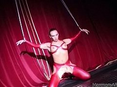 Watch this brunette in her sexy and tight red leather outfit got fucked in her butthole and pussy right after she gave a nice blowjob to her friend in Harmony Vision sex clips.