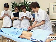 Subtitled CFNM Japanese handjob spa group demonstration