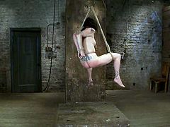 Ropes are used to hang Scarlet Faux from the ground, making her suspended from the ceiling in a hot naked way.