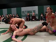 Isis Love, Rain DeGrey, Izamar Gutierrez, Audrey Rose and Bryn Blayne are fighting with each other on tatami. The lesbians beat each other and then show their pussy-licking and fingering skills.