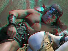 Muscled long haired hunk Lee Stone with big cock in kinky leather outfit and attractive tempting bitch Asphyxia Noir with long legs get filmed in 3D during awesome Conan role play.