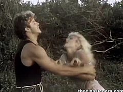 Watch this hot classic porn in which you will see this sexy blonde slim retro pornstar getting her tight pussy fucked from behind in the forest.Her lover fucks her hard till he cums on her ass.