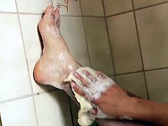 bathing her amazing hairy legs, pits & hairy pussy.