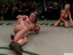 Four nasty girls fight fiercely in 2 versus 2 battle. Two losing chicks suck strap-ons and then get toyed right on a ring in public.
