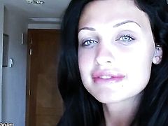 Pretty wench Aletta Ocean has fire in her eyes as she bangs herself with her fingers