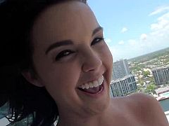 Brunette girl takes a shower after having rest on a beach. Then she sucks the guy off in a bedroom. Later on the guy fucks Dillion in her vagina and ass.