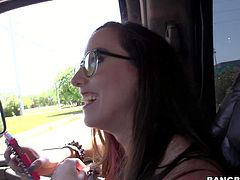 Young amateur nerdy looking brunette slut in black tights and cheep provocative blues gets picked up by filthy dude and has fun on back seat in his car.