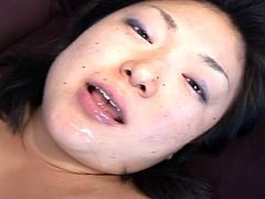 Lil Tokyo lies on a bed touching her boobs. She also toys her pussy with big dildo and gives a blowjob. After that she rides a dick and gets facialed.