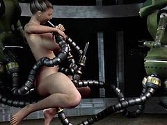 Sex brought in naked and two drones are locking her on. The robots will probe the female subject and she has no idea! Look at her, what a healthy, sexy female. If these drones had hearts they will surely pump hard after her. But they don't, instead they have robotic arm with dildos at the end.
