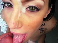 A gorgeous slut sucks on a hard cock and gets stuffed, the dude then shoots the jizz in her fuckin' mouth and she loves that shit!