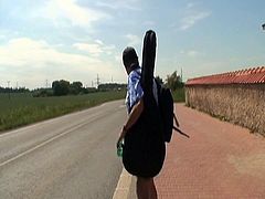 Watch this old dude with his guitar and a sexy brunette babe in outdoor fun.This old dude shoves his big cock in her mouth and then fucks her tight pussy till he cums in her mouth.