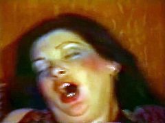 Busty dark haired whorish sex pot sits on chair and applies her dirty fingers to make her saggy hairy pussy feel good. Then her stud comes up to watch her pussy fingering... Take a look at this hungry bitch in The Classic Porn sex clip!