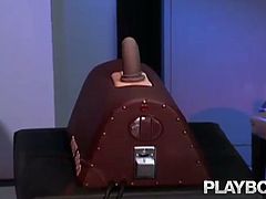 PlayBoy brings you a hell of a free porn video where you can see how a sensual brunette rides a sybian into heaven in front of specialists ready to evaluate her performance.
