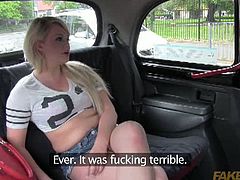 Bonnie is a busty blonde slut. She thinks the cab driver's chat line is stupid and she agrees to fuck him without further talking. He pulls over in a car park and bangs her.
