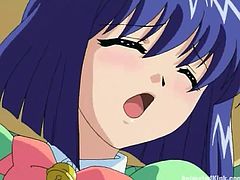 Click to watch this anime video where a short haired babe sucks a big cock, gets her boobs licked by a gorgeous doll and gets fucks outdoors.