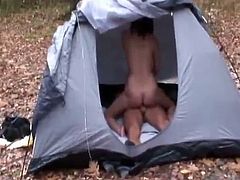 Horny couple went on camping in the woods but all they do in fucking all day long. She riding that fat cock in a tent and later in the car.