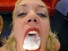 Slim babe with small tits enjoys amazing fuck before having her mouth covered in jizz