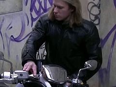 This cool biker accepts the invitation of a horny dude at his place. He gives in his advances and has his cock sucked by him. Then, he slides his cock inside his ass hole and he rides him.