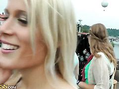 Blonde hoochie Sweet Cat lets guy stick his beefy sausage in her mouth