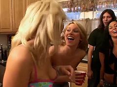 Check out this quiet party turning into a nasty orgy with a bunch of drunk hotties. The drunkest blondie enjoyed some hardcore banging into her tight pussy.