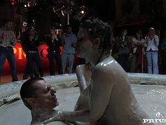 Pool is filled with warm mud. Terri Summers rides her partner's fat cock on top while her girlfriend strokes her big ass covered with all that mud.
