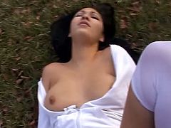 Playful brunette girl shows her titties outdoors and then gives a blowjob in POV video. Then she gets lifts the skirt up and gets fucked.