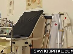 Mature doctor gapes young pussy in the clinic and captures it in hidden camera. This blonde newbie in stockings let grandpa do his thing on her sexy body in the clinic.