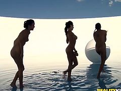 Share this with your friend! Six lesbian babes, with natural tits wearing sexy bikini, while they lick each other's wet pussies and touch one another.