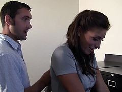 Sexy office babe opens her legs for the boss to bang her shaved cunt
