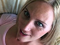 Whorish blond head shemale gives her dawg deep throat blowjob