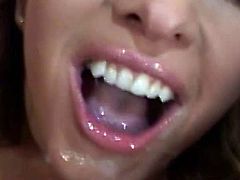 Brunette girl gets her vagina licked first. Then Cynthia gives nice blowjob and gets her pussy drilled hard in close-up video. She also gets her mouth filled with cum and she swallows sperm as she always does.