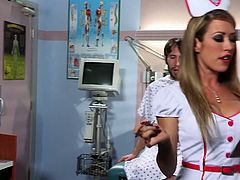 Ugly jerk is at the appointment to the doctor. He gets examined by super hot nurse. When she feels up his balls and dick she feels like fucking him right there and then.