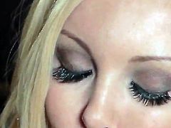 Sweet blondie in a lingerie and high heels lies down on a sofa. She shows her long and sexy legs. After that Aaliyah starts to play with her hot pussy in close-up scenes.