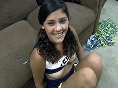 Petite brunette teen shows her small tits and gets her pussy fingered. Of course this cheerleader gets fucked and also facialized.