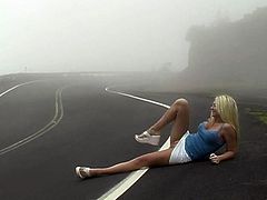 Alison Angel gets wild and crazy while on vacation. She strips off her thong then plays with her pussy in the middle of the road.