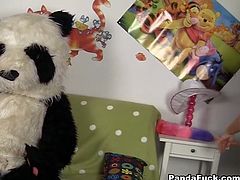Sassy black haired hun gets her tight teeny cunt mercilessly fucked by a big cocky panda man. Cutie sucks his monster cock and gets hammered missionary style.