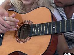 Hot cheater takes BF's brother's cock. With every stroke he makes on his guitar, makes her hornier than horny. Soon, she forgets what she's there for and lets him fuck her.