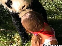 Sexy and well shaped blond haired girl was tied and left in the woods, then she gets resqued and fucked by plush panda bear toy.