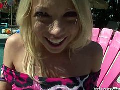 Shameless blondie gets her mouth harshly attacked near pool