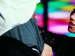 Beautiful and horny bitch in hot black dress and with perfect boopies induces in the club and starts to take off the pants to a man. She wants to suck the dick. Watch in steamy Fame Digital xxx clip.